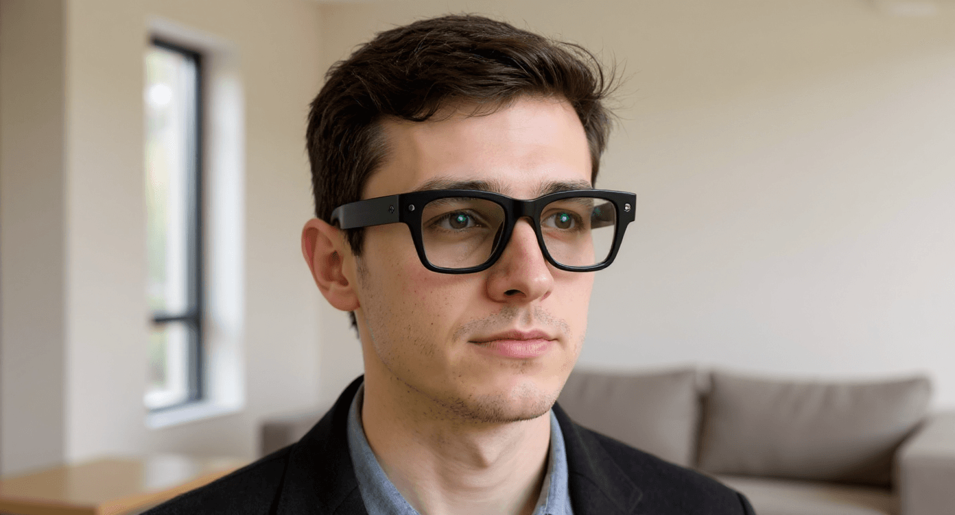 A person wearing Meta Ray-Ban Display fitted with custom prescription lenses